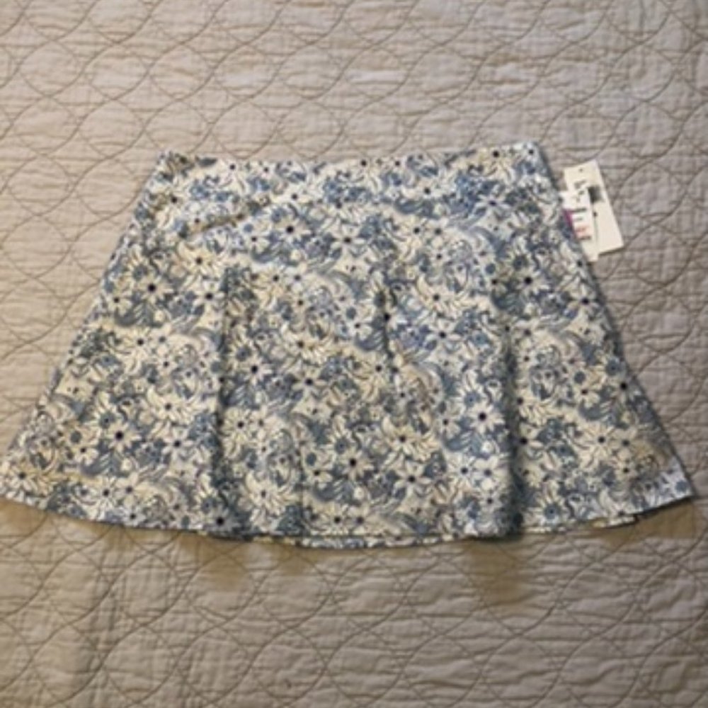 Liquid Blue and White Floral Mini Skirt 8  New